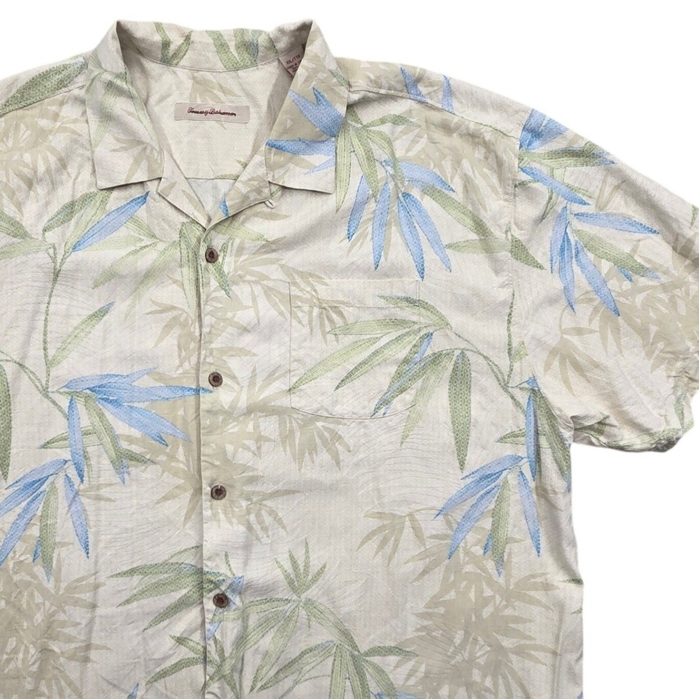 Tommy Bahama Silk‎ Bamboo Leaf Camp Shirt TB34874 Beige Blue Mens XXL